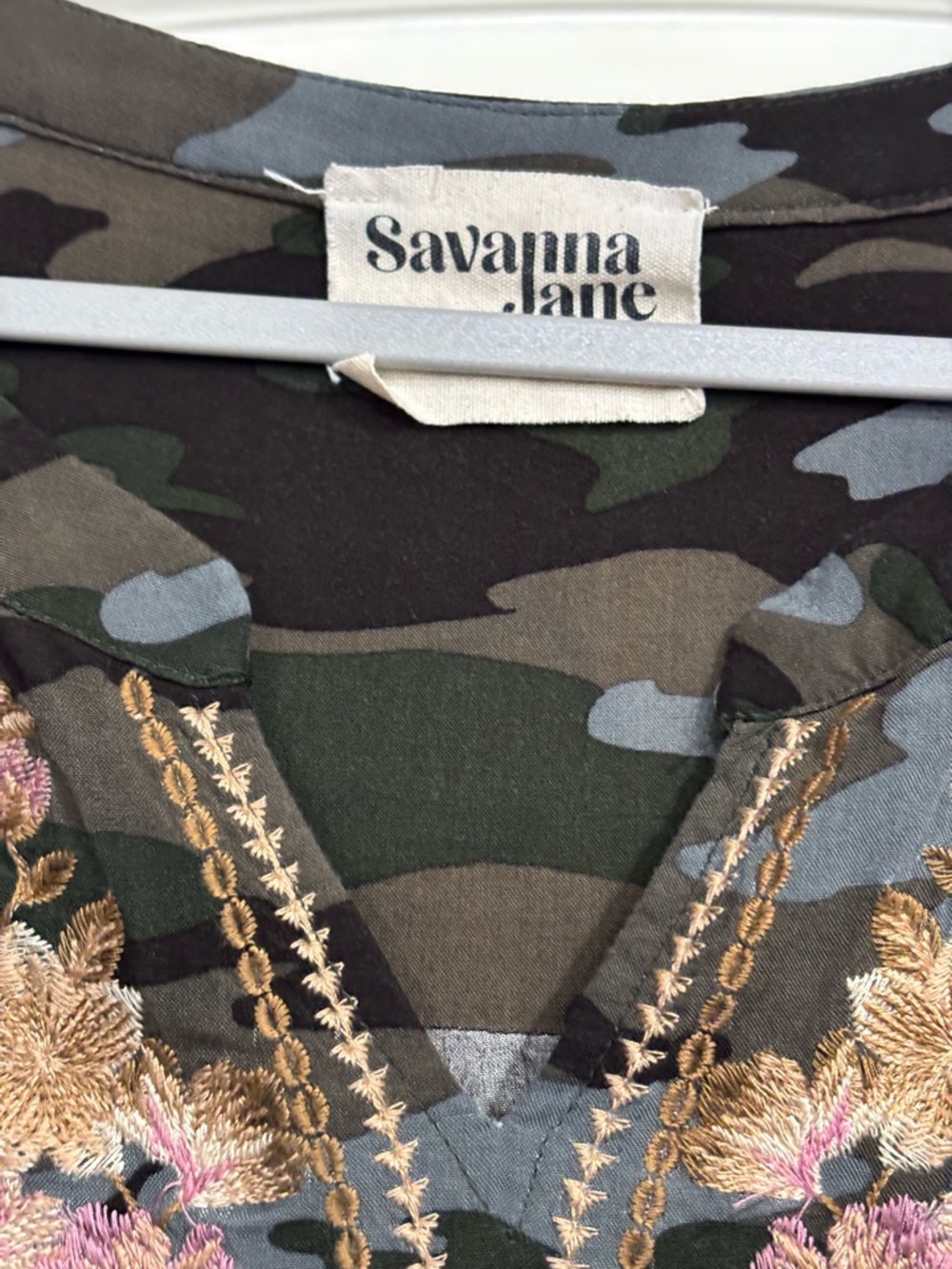 Savanna Jane Camo V-Neck Tunic with Pink and Gold Floral Embroidery - Picture 5 of 6
